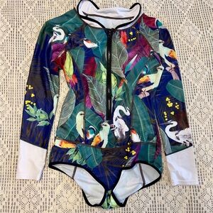 Long Sleeve One Piece Swimsuit Tropical Zipper Sun Protection Women’s Size M